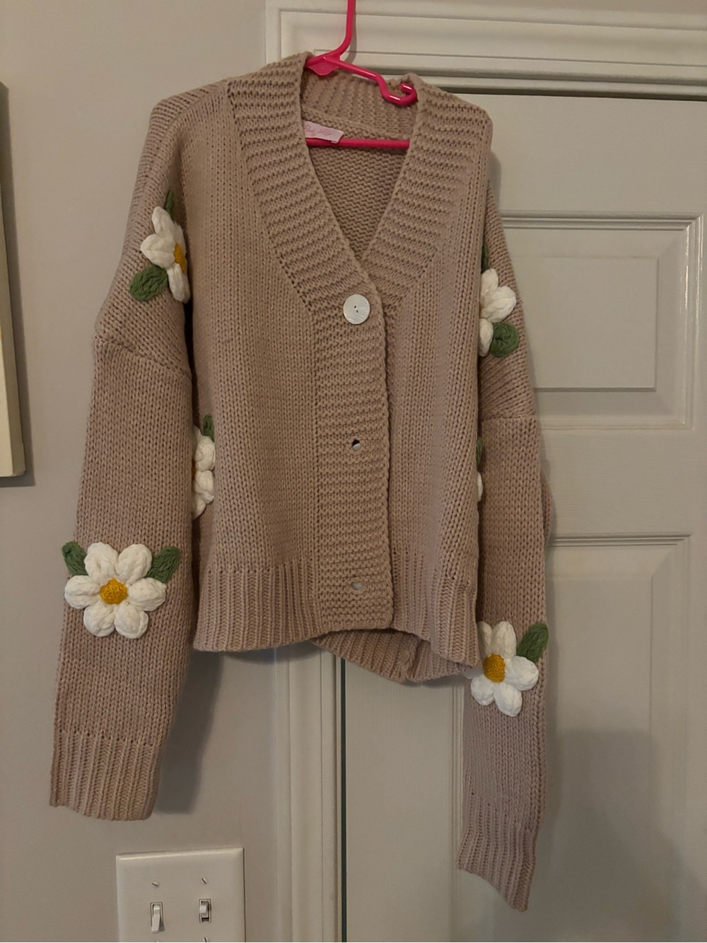 Pink Lily Beige Knit Cardigan with White Daisy Appliques
